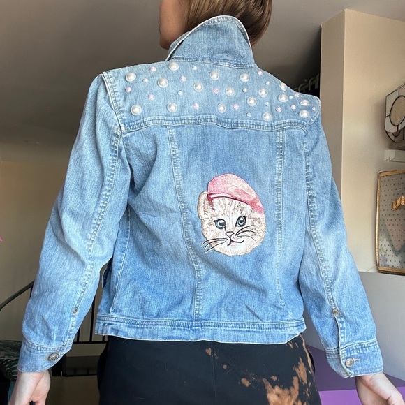 Handmade Pearl & Cat Patch Denim Jacket Size XS - Picture 4 of 4